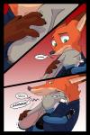 2017 afterglow akiric anthro bite biting_clothing bulletproof_vest canid canine clothed clothing comic dialogue dipstick_ears disney duo ear_markings embrace english_text female fox hug judy_hopps lagomorph leporid male male/female mammal multicolored_ears nick_wilde petting police police_uniform rabbit red_fox shoulder_bite speech_bubble text true_fox uniform zootopia
