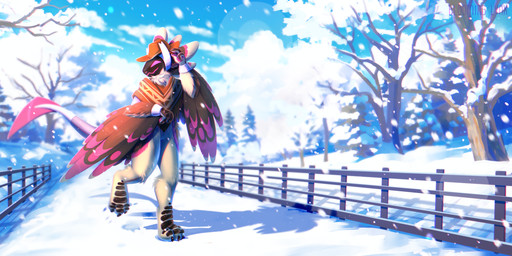 anthro black_body black_feathers blue_sky brown_clothing brown_topwear clothed clothing cloud detailed_background feathers hat headgear headwear machine male markings mouth_closed narrowed_eyes orange_clothing orange_hat orange_headwear outside pink_body pink_eyes pink_feathers pink_markings plant sky snow snowing solo toony topwear tree bloominglynx simozzz avali hybrid protogen protovali detailed hi_res