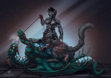 ambiguous_fluids armor bdsm belt big_penis black_leather bondage bound bracers breasts claws clenched_teeth clothing detailed_fur detailed_scales dominant dragon_ears duo erection fangs fantasy female feral fur genitals grin harness hat headgear headwear horn leash leash_pull leather leather_harness legs_tied lying male male/female male_penetrating membrane_(anatomy) metal_spikes nipples nude on_back on_top orange_eyes penetration penis realistic red_rope restraints rope rope_bondage rope_harness scales sex smile spikes standing_on_another standing_on_partner steam steam_from_nostrils struggling tail taur_penetrated teeth vaginal vaginal_penetration vulva wings_tied ponynok european_mythology mythology crimsonlancer chakat dragon felid felid_taur feline mammal mammal_taur mythological_creature mythological_scalie reptile scalie taur western_dragon detailed digital_media_(artwork) hi_res herm_(lore)