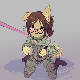 blush clothing collar eyewear female glasses kneeling leash military_uniform solo uniform unknown_artist canid canine mammal 1:1 absurd_res hi_res source_request