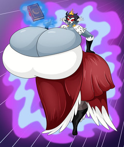 4_eyes anthro big_breasts book breasts cleavage clothed clothing crossgender crown dress female gloves grey_body handwear headgear huge_breasts hyper hyper_breasts legwear magic mtf_crossgender multi_eye open_mouth red_eyes solo thigh_highs tiara shad0wcimmerian hellaverse helluva_boss stolas_(helluva_boss) avian bird owl owl_demon hi_res