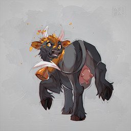 bell bell_collar black_body black_fur black_nose brown_markings butt collar collar_only female feral fur grey_body grey_fur hooves horn leaf looking_away markings nude simple_background smug solo tail tail_tuft teats teeth tuft udders underhoof walking white_horn yellow_eyes azzai bovid bovine cattle mammal 1:1 2025 colored digital_drawing_(artwork) digital_media_(artwork) shaded