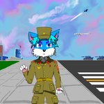 aircraft airplane army blue_eyes blue_hair bomber cccp clothed clothing field fighter_plane fur hair hat headgear headwear male medal qikeran russian sky solo soviet_union tank vehicle white_body white_fur bujianjun canid canine canis mammal wolf 1:1 absurd_res hi_res