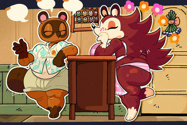 anthro apron apron_only big_breasts big_butt black_nose bottomwear breasts brown_body brown_fur bulge butt clothing dipstick_ears duo ear_markings eyelashes eyes_closed female freckled_face freckles fur gloves_(marking) grey_bottomwear grey_clothing grey_shorts leg_markings male markings multicolored_ears navel panties pattern_bottomwear pattern_clothing pattern_panties pattern_topwear pattern_underwear pink_clothing pink_panties pink_underwear shorts side_view socks_(marking) striped_bottomwear striped_clothing striped_panties striped_underwear stripes tan_body tan_fur topwear underwear white_clothing white_panties white_topwear white_underwear mschaox6 animal_crossing nintendo sable_able tom_nook_(animal_crossing) canid canine eulipotyphlan hedgehog mammal raccoon_dog tanuki 3:2 hi_res