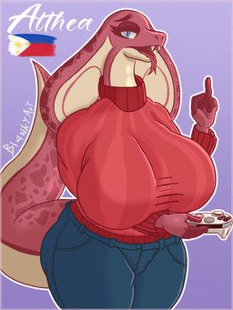 anthro big_breasts blue_bottomwear blue_clothing blue_eyes blue_jeans blue_pants bottomwear breasts clothing controller denim denim_bottomwear denim_clothing eyebrows fangs female game_controller gesture hand_gesture huge_breasts jeans looking_at_viewer middle_finger multicolored_body open_mouth outline pants philippine_flag raised_tail red_body red_clothing red_sweater red_topwear scales solo sweater tail tan_body teeth tongue tongue_out topwear two_tone_body blankyart althea_(blankyart) reptile scalie snake 2025 digital_media_(artwork) hi_res signature