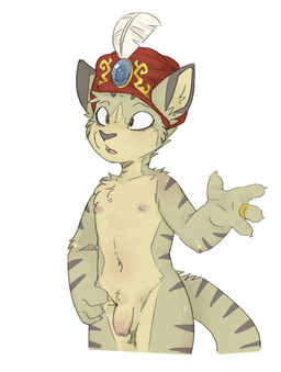 anthro clothing digit_ring finger_ring flaccid foreskin gem genitals hat_feather headgear headgear_only headwear headwear_only humanoid_genitalia humanoid_penis jewelry loose_feather male mostly_nude navel penis religious_clothing religious_headwear solo striped_body stripes turban unretracted_foreskin taro_bubbletea housepets! ptah_(housepets!) domestic_cat felid feline felis mammal hi_res