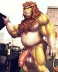 alcohol anthro balls beer beer_bottle beverage bodily_fluids bottle brown_hair building car claws container countershading day detailed_background dripping genital_fluids genitals hair looking_at_viewer male musclegut muscular muscular_anthro muscular_male nipple_piercing nipples nude outdoor_nudity outside penis piercing pink_nipples precum precum_drip saggy_balls solo tuft vehicle vein veiny_penis yellow_body dream_and_nightmare lakota_lander felid feline lion mammal pantherine 2021 4:5 hi_res