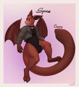anthro big_bulge bulge clothing collar floppy_ears flying horn leotard male red_body red_scales scales solo tail tail_mouth topwear unusual_anatomy unusual_tail vest wings womb_tattoo yumiix spice_(phantomotc) hybrid imp kobold scalie hi_res