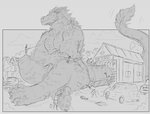 anthro bathing building car_wash hose macro male nude plantigrade sitting solo tail thick_tail vehicle water sixsydes mythology dragon human mammal mythological_creature mythological_scalie scalie hi_res monochrome