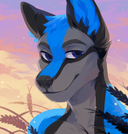anthro black_body black_ears black_fur black_nose blue_body blue_eyes blue_fur blue_inner_ear closed_smile fur glistening glistening_eyes grey_body grey_fur head_tuft looking_at_viewer male mouth_closed narrowed_eyes nude simple_background smile solo tuft unsigned corzh77 canid canine canis mammal wolf absurd_res bust_portrait hi_res portrait