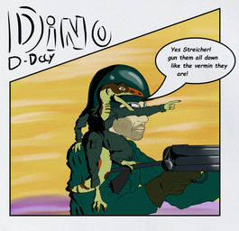 anthro carrying_another claws clothing duo female gesture gun hand_gesture holding_gun holding_object holding_ranged_weapon holding_weapon larger_human male nazi no_shoes on_shoulder pockets pointing ranged_weapon size_difference smaller_anthro smaller_female speech_bubble text uniform weapon world_war_2 heelipmo dino_d-day streicher_(dino_d-day) compsognathid compsognathus dinosaur human mammal prehistoric_species reptile saurischian scalie theropod absurd_res english_text hi_res