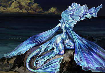 beach blue_body blue_scales cloud detailed_background female obscured_eyes pose rock scales sea side_view small_waist solo tail veil water zarzaliel animal_humanoid fish fish_humanoid humanoid marine marine_humanoid siren absurd_res hi_res