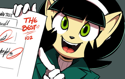 anthro black_hair clothed clothing eyelashes female fur gesture green_eyes hair hand_gesture happy heart_symbol jacket open_mouth open_smile paper pointing smile solo sweater tan_body tan_fur text topwear turtleneck dbaru nickelodeon t.u.f.f._puppy kitty_katswell domestic_cat felid feline felis mammal english_text