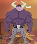 abs anthro belt biceps bone bottomwear bulge claws clothed clothing eyebrows fangs fur horn looking_at_viewer male muscular muscular_anthro muscular_male nipples pants pecs purple_body purple_fur skull smile solo teeth text topless unibrow greeneyedwolfking cartoon_network foster's_home_for_imaginary_friends eduardo_(fhfif) bovid bovine imaginary_friend mammal monster hi_res spanish_text translated