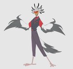 4_toes anthro barefoot beak black_clothing black_topwear black_vest bottomwear clothing feathers feet gesture looking_at_viewer male necktie pants pattern_necktie red_clothing red_shirt red_topwear shirt shrug simple_eyes smile smiling_at_viewer solo striped_necktie toes topwear vest yellow_eyes vistamage accipitriform avian bird secretary_bird hi_res