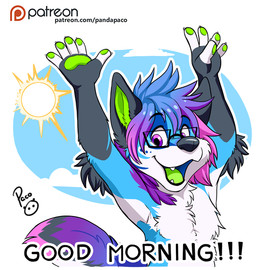 anthro arm_tuft black_nose blue_body blue_fur blue_hair blue_sky chest_tuft cloud elbow_tuft eyewear fingerpads front_view fur glasses glistening glistening_eyes green_pawpads green_tongue hair logo looking_at_viewer male multicolored_hair nude open_mouth open_smile pawpads pink_hair pink_tail purple_eyes purple_hair purple_tail rectangular_glasses sky smile solo sun tail text tongue tuft white_body white_fur young young_anthro young_male pandapaco canid canine mammal artist_logo bust_portrait portrait signature url
