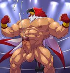 abs animal_head biceps big_muscles bodily_fluids clothing cum ejaculation eyes_closed fighting_ring flexing for_a_head garou:_mark_of_the_wolves genital_fluids genitals gloves handwear hi_res humanoid king_of_fighters maldu male mammal mask muscular muscular_humanoid muscular_male nipples nude pecs penis snk solo sweat tizoc vein veiny_penis wrestler wrestling