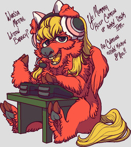 ambiguous_gender baby_talk black_nose blonde_hair controller dialogue electronics fake_cat_ears fake_ears feral fluffy fur furniture grey_background hair headphones hooves looking_at_viewer monotone_body monotone_fur open_mouth open_smile quadruped red_body red_eyes red_fur red_hooves red_wings simple_background sitting smile solo table tail teeth text underhoof wings yellow_tail bugbox fluffy_pony mythology equid equine fluffy_pony_(species) mammal mythological_creature mythological_equine pegasus 2023 cel_shading digital_drawing_(artwork) digital_media_(artwork) english_description english_text shaded