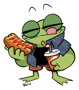 aloha_shirt anthro barefoot beverage black_clothing black_shirt black_topwear blep blue_clothing blue_shirt blue_topwear bottomwear brown_bottomwear brown_clothing brown_shorts clothing container cup disposable_cup eyebrows eyes_closed fast_food feet floating_eyebrows food green_body holding_container holding_cup holding_food holding_object hot_dog male pattern_clothing pattern_shirt pattern_topwear shirt short_male shorts simple_background soda solo standing thin_calves thin_legs thin_thighs tongue tongue_out topwear white_background totalnonsense amphibian frog 2023 colored signature