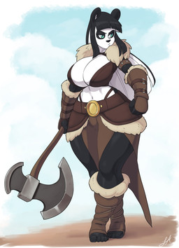 5_fingers 5_toes anthro armlet armor axe belt big_breasts black_hair blue_eyes bottomwear breasts cleavage clothed clothing feet female fingers fist footwear hair holding_object holding_weapon huge_breasts loincloth long_hair looking_aside melee_weapon midriff navel simple_background sky solo standing sword thick_thighs toeless_footwear toeless_legwear toes vambrace weapon white_hair wide_hips skecchiart lei_(skecchiart) bear giant_panda mammal 2018 absurd_res digital_media_(artwork) hi_res signature
