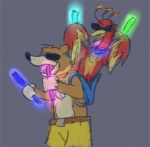 anthro beak brown_body brown_fur duo eyewear female fur glowsticking jewelry male necklace rave sunglasses pink-shimmer banjo-kazooie rareware banjo_(banjo-kazooie) kazooie avian bear bird breegull mammal animated low_res short_playtime