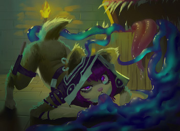 ambiguous_feral ambiguous_gender ambiguous_penetrated ambiguous_penetration ambiguous_raped belt_accessory blue_goo blue_pupils blue_tentacles bodily_fluids brick_floor brick_wall brown_body brown_fur cloak clothed clothed_ambiguous clothed_feral clothing countershade_face countershade_fur countershade_tail countershading deep_throat digitigrade dungeon duo ear_piercing ear_ring eyelashes fantasy feet fellatio feral feral_penetrated feral_raped floor forced fur goo_tentacles hair heart_pupils heart_symbol hood inside iris leather lit_torch multicolored_body multicolored_fur one_eye_half-closed oral oral_penetration penetration penile piercing pink_nose pink_tongue pupils purple_eyes purple_hair quadruped raised_tail rape ring_piercing saliva saliva_on_tongue sex sharp_teeth short_tail slime tail tail_tuft teeth tentacle_in_mouth tentacle_penetration tentacle_rape tentacle_sex tentacles thigh_strap tongue tongue_out torch tuft two_tone_body two_tone_fur vaginal wall_(structure) white_body white_countershading white_fur white_sclera young young_ambiguous young_feral young_penetrated young_raped renablush canid canine domestic_cat felid feline felis hybrid mammal mimic mimic_chest monster tentacle_creature 11:8 absurd_res hi_res