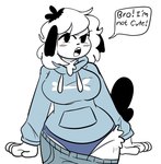 annoyed anthro big_breasts black_body black_fur black_nose blue_clothing blue_hoodie blue_panties blue_topwear blue_underwear blush blush_lines bottomwear bottomwear_down breasts chest_tuft clothed clothing crotch_lines eyebrows female fingers floppy_ears front_view fur grey_bottomwear grey_clothing grey_pants hair hoodie looking_at_viewer multicolored_body multicolored_fur multicolored_hair open_mouth oversized_bottomwear oversized_clothing oversized_pants panties pants pants_down partially_clothed print_clothing print_hoodie print_topwear raised_tail sagging_pants simple_background solo speech_bubble standing tail talking_to_viewer teeth text thick_thighs tongue topwear tuft two_tone_body two_tone_fur two_tone_hair underwear wardrobe_malfunction white_background white_body white_fur white_hair wide_hips piscesdrawz pepper_(puppkittyfan1) canid canine canis domestic_dog mammal 2024 cel_shading digital_media_(artwork) english_text hi_res portrait shaded three-quarter_portrait