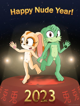 animal_genitalia animal_penis anthro balls barefoot brown_eyes casual_nudity duo feet female flat_chested fully_sheathed fur genitals green_body green_fur green_nipples happy holidays innie_vulva loli long_ears looking_at_viewer male male/female navel nipples nude open_mouth penis pink_nipples red_eyes sheath shota smile stage stage_lights text vulva young young_anthro young_female young_male alonwoof chinese_zodiac new_year sega sonic_the_hedgehog_(series) year_of_the_rabbit cream_the_rabbit fan_character mint_the_rabbit lagomorph leporid mammal rabbit 2023 3:4 absurd_res digital_media_(artwork) hi_res cousins_(lore)