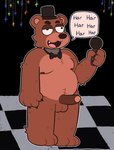 anthro balls belly biped bow_tie brown_body brown_fur checkered checkered_floor clothing electronics erection fur genitals hat headgear headwear humor lazy_eye machine male microphone overweight overweight_anthro overweight_male penis silly_face slightly_chubby solo speech_bubble text top_hat nighttime_fishy five_nights_at_freddy's scottgames freddy_(fnaf) animatronic bear mammal robot hi_res meme