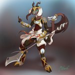 1:1 2016 2_horns absurd_res accessory anthro armor bangle blue_eyes blue_sclera blurred_background boots borobo_(miso_souperstar) bovid breastplate brown_body brown_fur caprine claws clothing digital_media_(artwork) digitigrade ear_piercing ear_ring fabric fingerless_gloves fingers floppy_ears flowing_clothing footwear fur furgonomics glaive gloves gold_(metal) gold_ear_ring gold_jewelry green_eyes green_sclera handwear head_horn headgear helmet hi_res holding_melee_weapon holding_object holding_polearm holding_weapon horn jewelry leather leggings legwear long_ears long_tail ludicrous_res male mammal melee_weapon metal miso_souperstar orange_ribbon piercing polearm pupils ribbons ring_piercing shoes shoulder_armor signature slim slit_pupils solo steel tail tail_accessory tail_bangle tail_jewelry tail_tuft tapering_tail thick_tail toe_claws tuft turquoise_sclera vambrace wavy_horn weapon white_cloth