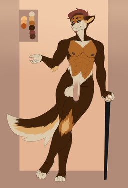anthro balls big_balls big_penis cane genitals humanoid_genitalia humanoid_penis looking_at_viewer male muscular nipples penis solo heikidraws heiki_(heikidraws) canid canine canis domestic_dog fox hybrid mammal absurd_res flat_colors hi_res