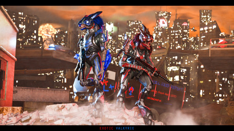 3_fingers 3_toes aircraft anarchy_symbol anthro arm_feathers arm_tuft armor blue_body blue_feathers bodypaint box_truck car city city_background commercial_vehicle delivery_(commerce) delivery_vehicle digitigrade duo dusk explosion face_covered feather_hair feathered_crest feathers feet fingers full_armor glowing glowing_eyes grey_body grey_scales gun head_crest holding_gun holding_object holding_ranged_weapon holding_weapon male medium_truck police police_car police_vehicle pseudo_hair ranged_weapon red_body red_feathers scales scuted_hands scutes standing submachine_gun toes truck tuft van vehicle weapon exotic_valkyrie halo_(series) microsoft xbox_game_studios alien avian kig-yar scalie t'vaoan 16:9 3d_(artwork) 4k absurd_res digital_media_(artwork) hi_res widescreen