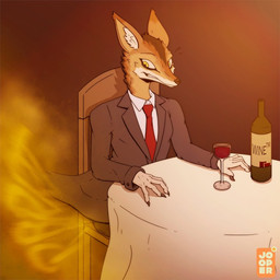 alcohol anthro beverage brown_body brown_fur chair clothed clothing container cup drinking_glass facial_tuft fart fart_cloud fart_fetish fur furniture gas glass glass_container glass_cup looking_back male male_farting nails sitting solo suit surprised table tablecloth tuft wine_bottle wine_glass jooper canid canine canis jackal mammal 1:1