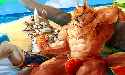abs anthro armpit_hair aroused beach becoming_erect biceps blush body_hair bottomwear bulge bulge_size_difference clothed clothing countershading duo erection erection_under_clothing flexing food fruit hands_behind_head jewelry male melon motion_lines muscular muscular_anthro muscular_male necklace palm_tree pecs plant seaside shorts speedo swimwear tenting tongue topless tree watermelon waddledox lifewonders puzzle_and_dragons tokyo_afterschool_summoners set_(puzzle_and_dragons) seth_(tas) canid canine canis jackal mammal 5:3 absurd_res hi_res