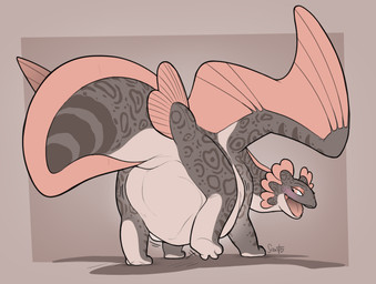 after_vore brown_legs brown_stripes brown_tail butt duo female female_pred feral feral_pred pink_eyes pink_wings simple_background stripes tail tan_background tan_body tan_legs vore wings epicurean_delights dracolotl hi_res