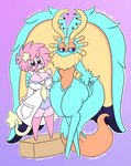 anthro big_ears blue_body blue_eyes breasts clothing coat duo eyewear female glasses hair male male/female pink_body pink_hair purple_eyes star topwear lewdchuu_(artist) kirby_(series) kirby_and_the_forgotten_land nintendo fecto_elfilis pyon_(lewdchuu) alien chinchilla chinchillid mammal rodent hi_res