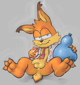 accessory anthro anus balloon balloon_fetish balls biped blue_eyes cigarette claws clothed clothing ear_tuft fangs feet foot_fetish genitals grey_background holding_balloon holding_cigarette holding_object humanoid_genitalia humanoid_penis inflatable legs_up lit_cigarette looking_at_viewer male necktie open_clothing open_shirt open_topwear penis perineum presenting presenting_anus shirt simple_background smoke solo tail teeth topwear tuft whisker_spots badipoki bubsy_(series) bubsy_bobcat bobcat felid feline lynx mammal absurd_res hi_res