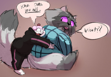 anthro bottomless bottomwear clothed clothing confuse confusion dialogue duo eyes_closed eyewear fur glasses grey_body grey_fur hug hugging_another hugging_from_behind looking_at_another looking_back looking_back_at_another male male/male multicolored_body multicolored_fur open_mouth pants pattern_clothing pink_body plaid plaid_clothing purple_eyes question_mark simple_background sitting size_difference smile speech_bubble standing sweater sweatpants teeth text topwear debudraws dreamworks game_freak kipo_and_the_age_of_wonderbeasts netflix nintendo pokemon fan_character yumyan_hammerpaw domestic_cat felid feline felis generation_6_pokemon mammal pokemon_(species) slurpuff digital_media_(artwork) english_text hi_res