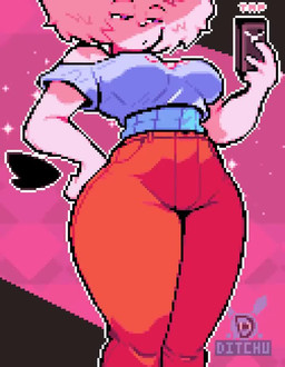 anthro anthro_penetrated audible_ejaculation balls big_butt bodily_fluids bottomwear bouncing_balls bouncing_butt breasts butt butt_grab butt_heart butt_jiggle butt_slap cellphone clothed clothed_anthro clothed_female clothing cowgirl_position cum cum_from_vagina cum_in_vagina cum_inside curvy_figure duo electronics female female_anthro female_penetrated from_front_position genital_fluids genitals hair hand_on_butt impregnation jiggling leaking_cum male male/female male_penetrating male_penetrating_female music nude on_bottom on_top orgasm orgasm_face ovum pants penetration penile penile_penetration penis penis_in_vagina phone pink_body pink_hair red_bottomwear red_clothing red_pants sex slap small_waist sperm_cell tail text thick_thighs vaginal vaginal_penetration white_text ditchu ditchu_(ditchu) humanoid lagomorph leporid mammal rabbit 2026 2d_animation animated digital_media_(artwork) long_playtime pixel_(artwork) pixel_animation sound video