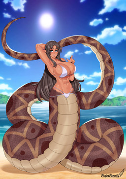 abs apode beach big_breasts bikini black_hair blue_eyes breasts camel_toe clothing cloud colored_nails eyebrows eyelashes female hair huge_breasts humanoid_pointy_ears legless nails navel pointy_ears scales serpentine sky solo split_form sun swimwear tan_body tan_skin two-piece_swimsuit pashapencil draconcopode humanoid lamia reptile scalie snake 2025 absurd_res hi_res
