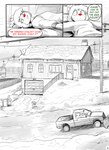 absurd_res anthro bed building comic deer digital_media_(artwork) english_text female furniture hi_res house ice inside light_truck mammal new_world_deer outside pickup_truck red_nose reindeer rue_(the-minuscule-task) satellite_dish snow solo text the-minuscule-task trash_can truck_(vehicle) vehicle