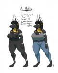 anthro big_breasts black_body black_fur black_hair bottomwear breasts clothing egyptian female fur genitals hair jewelry markings nipples nude off/on pants pussy shirt smile solo text topwear kpnsfw anubian_jackal canid canine canis jackal mammal 2017 4:5 english_text hi_res model_sheet