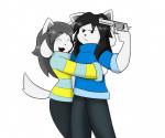 anthro clothed clothing duo female fur gun hair hug open_mouth ranged_weapon weapon white_body white_fur dynamo07x undertale undertale_(series) bob_(undertale) temmie_(undertale) mammal tem compression_artifacts