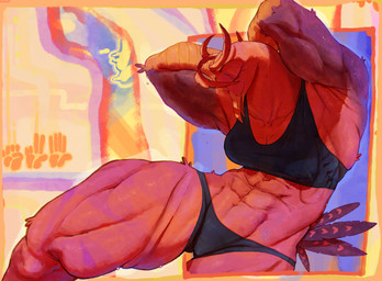 abs anthro biceps bodily_fluids bra buscapleitos_(smashmat) clothing female muscular muscular_anthro muscular_female musk pecs pecs_with_breasts raised_arm solo sports_bra steam sweat thick_thighs underwear smashmat avian bird gull lari larid absurd_res hi_res