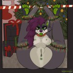 anthro anus bdsm bondage bound bow_ribbon box breasts christmas_decorations christmas_lights clitoris container female fluffy fur genitals gift gift_box green_anus green_eyes green_nipples green_pussy grey_body grey_fur hair holidays inviting legs_up looking_at_viewer nipples nude purple_hair pussy seductive solo submissive submissive_anthro submissive_female tongue tongue_out hawkward_(artist) christmas mammal procyonid raccoon 1:1 animated hi_res short_playtime