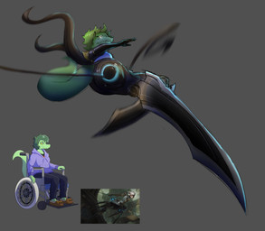 anthro clothing female green_body green_hair hair hoodie purple_clothing purple_hoodie purple_topwear solo tail topwear vehicle wheelchair mamasoyanini cavemanon_studios i_wani_hug_that_gator league_of_legends riot_games tencent olivia_halford colored detailed hi_res