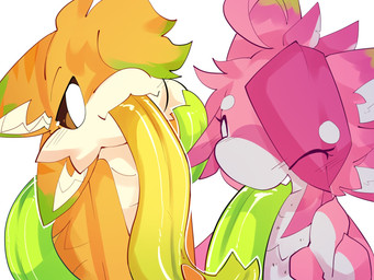 4_ears ambiguous_gender anthro black_sclera blonde_hair duo eyes_closed fangs hair inner_ear_fluff licking_screen long_tongue looking_at_viewer multi_ear one_eye_closed pink_hair simple_background smile teeth tongue tuft wink foxsicle avali 4:3 hi_res