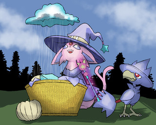 big_ears clothing cloud costume facial_tuft food forked_tail fruit fur hat headgear headwear laundry laundry_basket magic magic_user magic_wand open_mouth pink_body pink_fur plant pumpkin purple_sclera spellcasting tail tuft unusual_anatomy unusual_tail witch witch_hat inktober nintendo pokemon eeveelution espeon generation_2_pokemon murkrow pokemon_(species) 5:4 hi_res