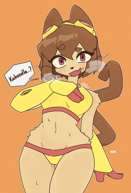 anthro blush breasts brown_body brown_hair clothed clothing dialogue female hair looking_at_viewer open_mouth simple_background solo speech_bubble tail text whiskers kloe_mone gameoverse glitch_productions kit_bodega domestic_cat felid feline felis mammal 2026 absurd_res digital_media_(artwork) english_text hi_res