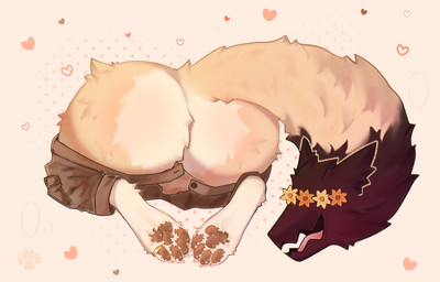 ambiguous_gender anthro bottomwear bottomwear_down butt clothed clothing living_tail pants pants_down partially_clothed pawpads paws solo tail unusual_anatomy unusual_tail rumeru canid canine fennec_fox fox mammal true_fox